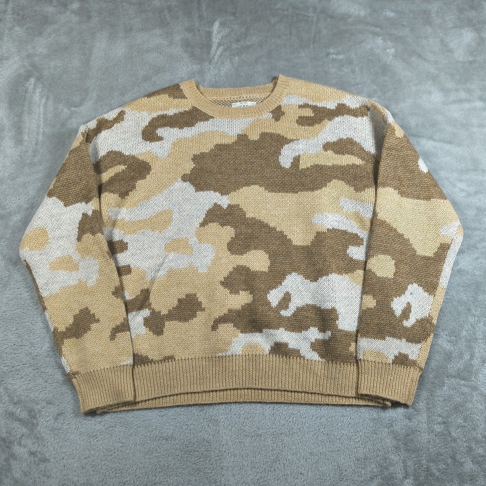 Lucky Brand Sweater Women Medium Brown Camo Knit Pullover Long Sleeve Wool Blend